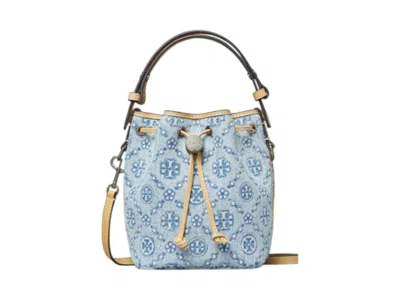 Pre-owned Tory Burch Women's  T Monogram Denim Mini Bucket Bag In Powder Blue