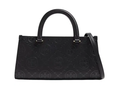 Pre-owned Tory Burch Women's  T Monogram Embossed Small Eastwest Tote In Black