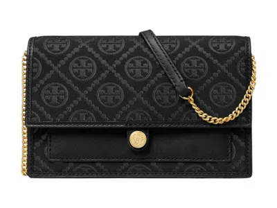 Pre-owned Tory Burch Women's  T Monogram Leather Chain Wallet In Black