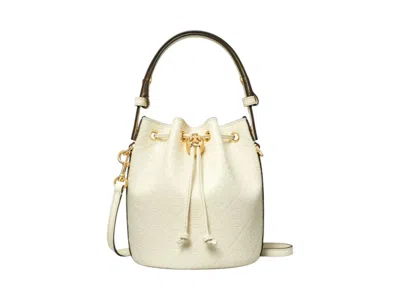 Pre-owned Tory Burch Women's  T Monogram Leather Mini Bucket Bag In Light Cream In Sand