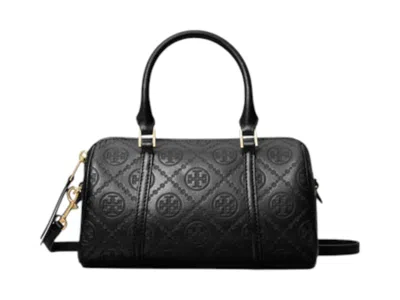 Pre-owned Tory Burch Women's  T Monogram Leather Petite Barrel Bag In Black
