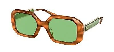 Pre-owned Tory Burch Women's Ty7160u Universal Fit Oval Sunglasses Honey Wood In Solid Green
