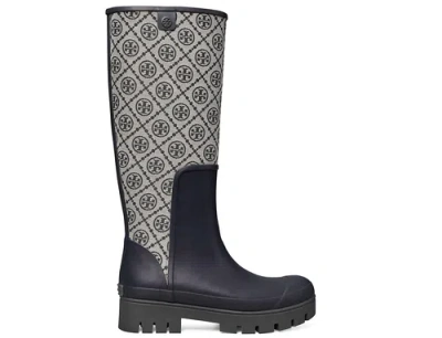 Pre-owned Tory Burch Women T Monogram Navy Blue Logo Pattern Rubber Foul Weather Boots 6