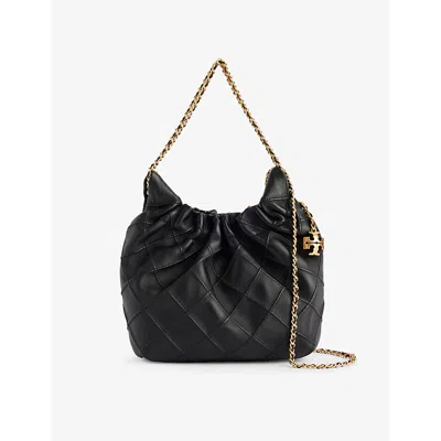 Tory Burch Fleming Mini Quilted Leather Hobo Bag In Black