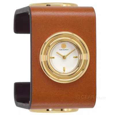 Pre-owned Tory Burch Womens Leather Cuff Watch, White Dial Gold Accents, Brown Square Band