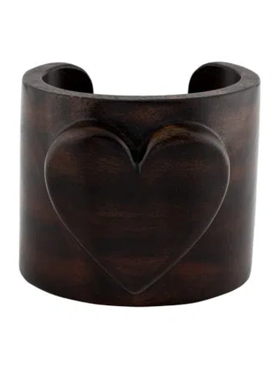 Pre-owned Tory Burch Wood & Mother Of Pearl Heart Cuff Bracelet, 7" In Multi
