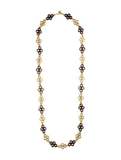 Pre-owned Tory Burch Wood Clover Link Necklace, 41" In Brown