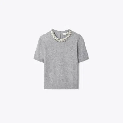 Tory Burch Wool And Sequin Short-sleeved Sweater In Gray