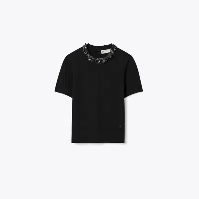 Tory Burch Wool And Sequin Short-sleeved Sweater In Black