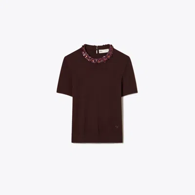 Tory Burch Wool And Sequin Short-sleeved Sweater In Dark Berry