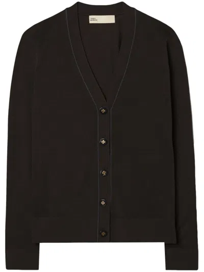 Tory Burch Wool And Silk Blend Cardigan In Black