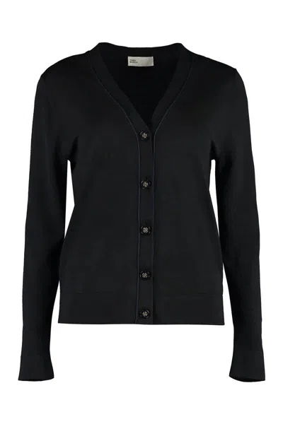 Tory Burch Wool And Silk Blend Cardigan In Black