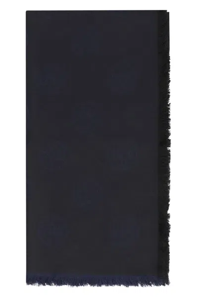 Tory Burch Wool And Silk Scarf With Frayed Hem, 100x180 Cm In Blue