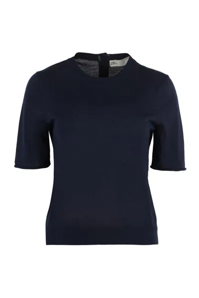 Tory Burch Wool And Silk Short Sleeve Pullover In Blue