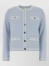 Tory Burch Wool Cardigan Contrast Trim Crew Neck In Gray