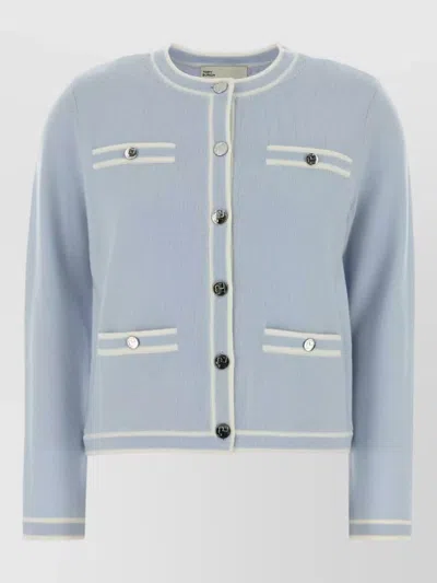 Tory Burch Wool Cardigan Contrast Trim Crew Neck In Gray