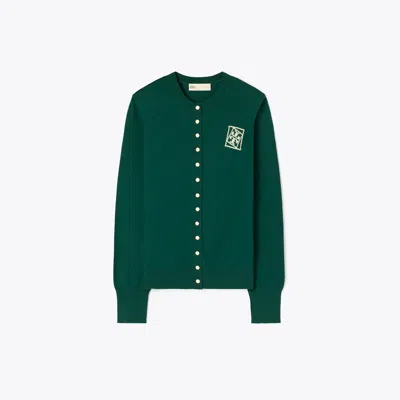 Tory Burch Button Emblem Cardigan In Green