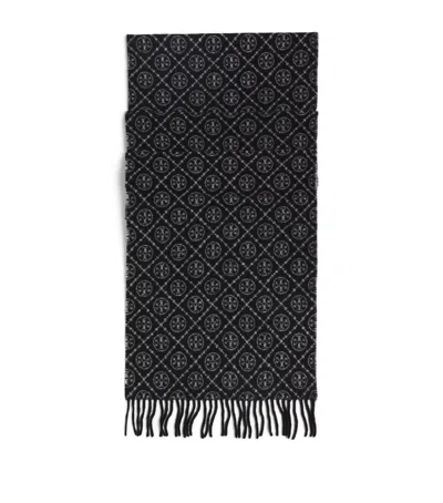 Tory Burch Wool-cashmere Monogram Scarf In Black