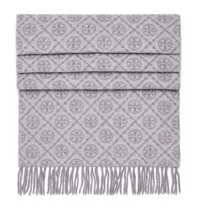 Tory Burch Wool-cashmere Monogram Scarf In Gray