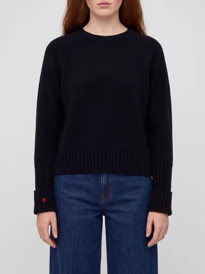 Tory Burch Wool Crewneck Jumper With Turn-up Cuffs In Black