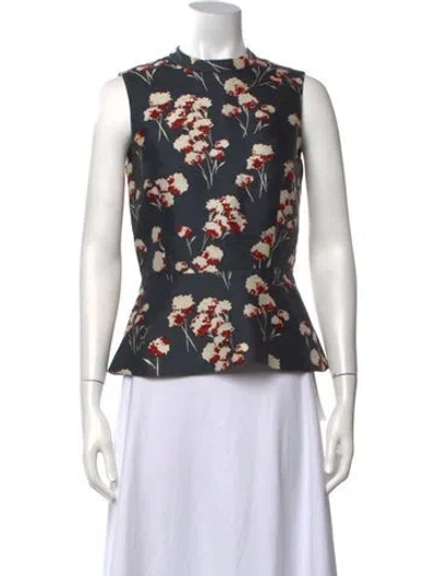 Pre-owned Tory Burch Wool Floral Print Blouse In Blue