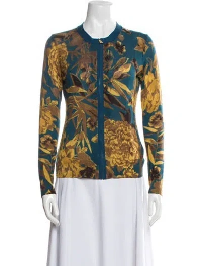 Pre-owned Tory Burch Wool Floral Print Evening Jacket In Blue