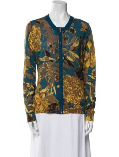 Pre-owned Tory Burch Wool Floral Print Jacket In Blue