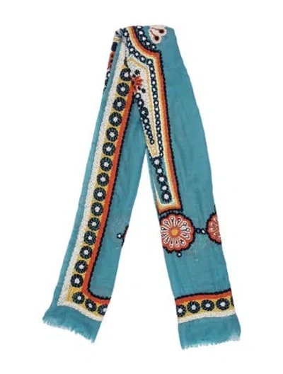 Pre-owned Tory Burch Wool Floral Print Scarf In Blue