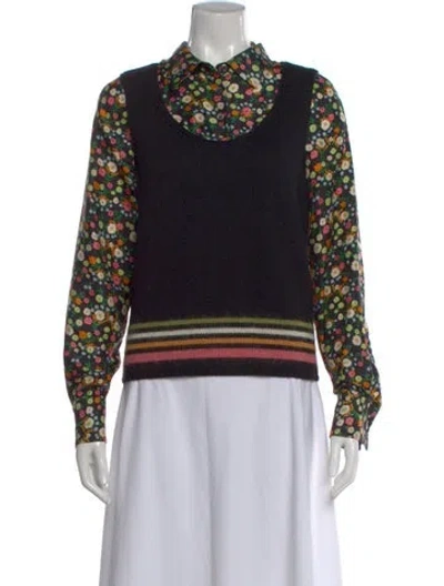 Pre-owned Tory Burch Wool Floral Print Sweater In Black