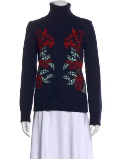 Pre-owned Tory Burch Wool Floral Print Sweater In Blue