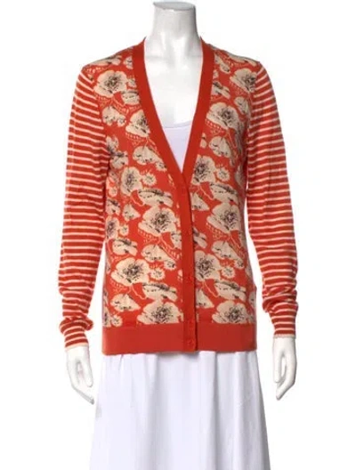 Pre-owned Tory Burch Wool Floral Print Sweater In Orange/white