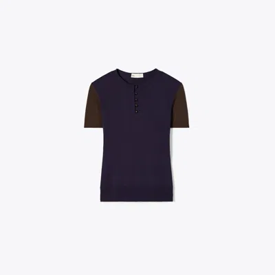 Tory Burch Short-sleeve Buttoned Wool T-shirt In Multi