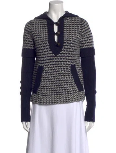Pre-owned Tory Burch Wool Houndstooth Print Sweater In Blue