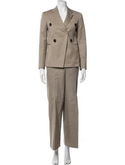 Pre-owned Tory Burch Wool Leather Trim Embellishment Pantsuit In Neutrals
