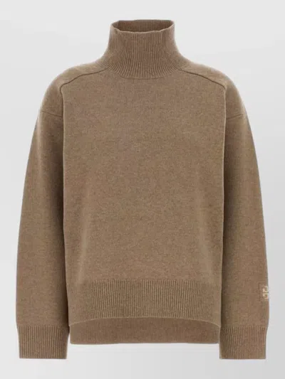 Tory Burch Wool Oversized Sweater High Neck Ribbed In Brown