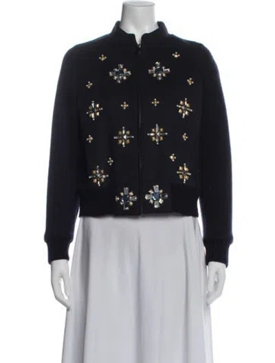 Pre-owned Tory Burch Wool Patterned Bomber Jacket In Blue