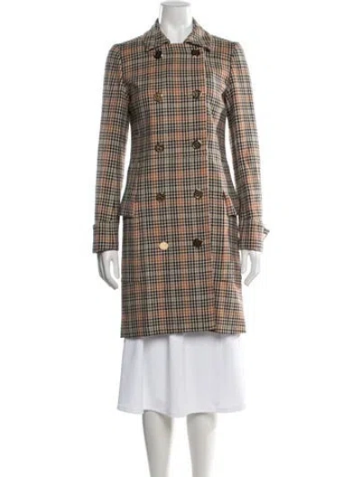 Pre-owned Tory Burch Wool Plaid Print Coat In Brown