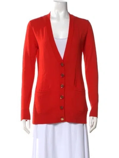 Pre-owned Tory Burch Wool Plunge Neckline Sweater In Red