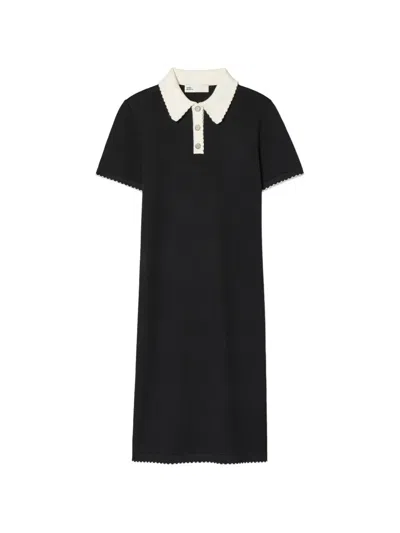 Tory Burch Wool Scalloped Polo Dress In Black