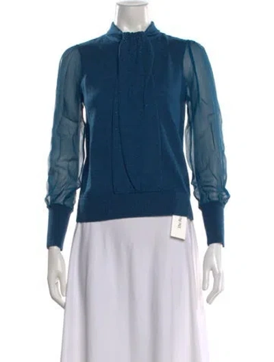 Pre-owned Tory Burch Wool Tie Neck Blouse In Blue