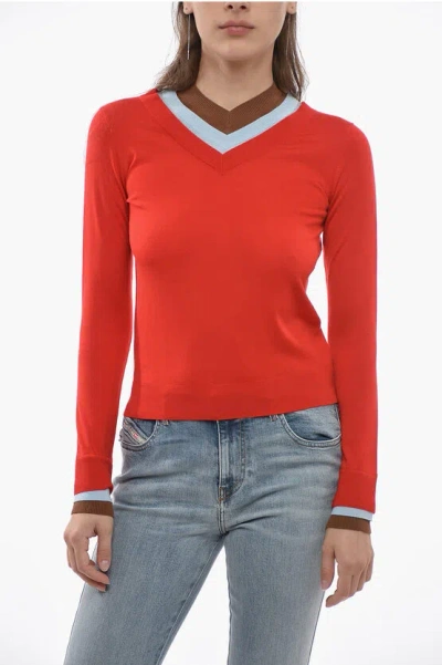 Tory Burch Wool Triple-layered Sweater With V-neckline In Red