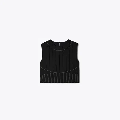 Tory Burch Wool Twill Pleated Top In Black