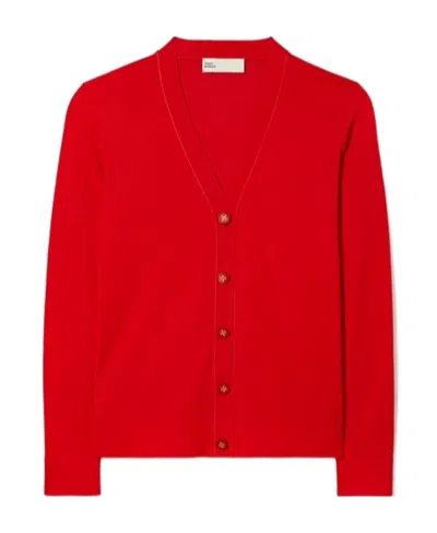 Tory Burch Wool V-neck Button Knitted Cardigan In Red