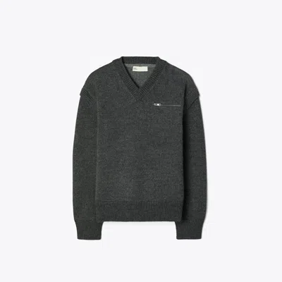 Tory Burch Wool V-neck Sweater In Gray