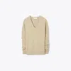 Tory Burch Wool V-neck Sweater In Soft Cashew Melange