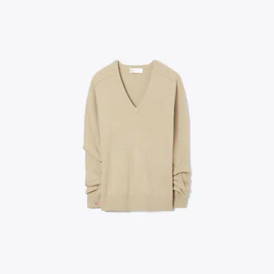 Tory Burch Wool V-neck Sweater In Soft Cashew Melange
