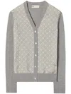 Tory Burch Merino Wool-silk Panel Cardigan In Grey