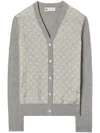 Tory Burch Merino Wool-silk Panel Cardigan In Grey