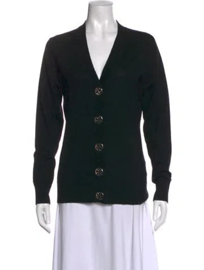 Pre-owned Tory Burch Wool V-neck Button-up Top In Black