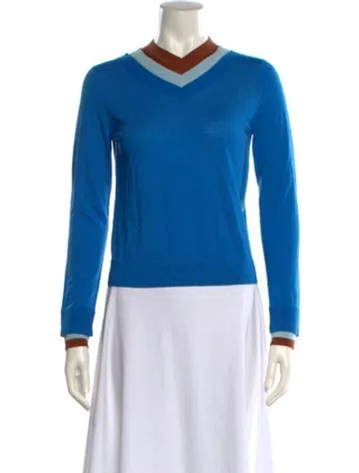 Pre-owned Tory Burch Wool V-neck Sweater In Blue